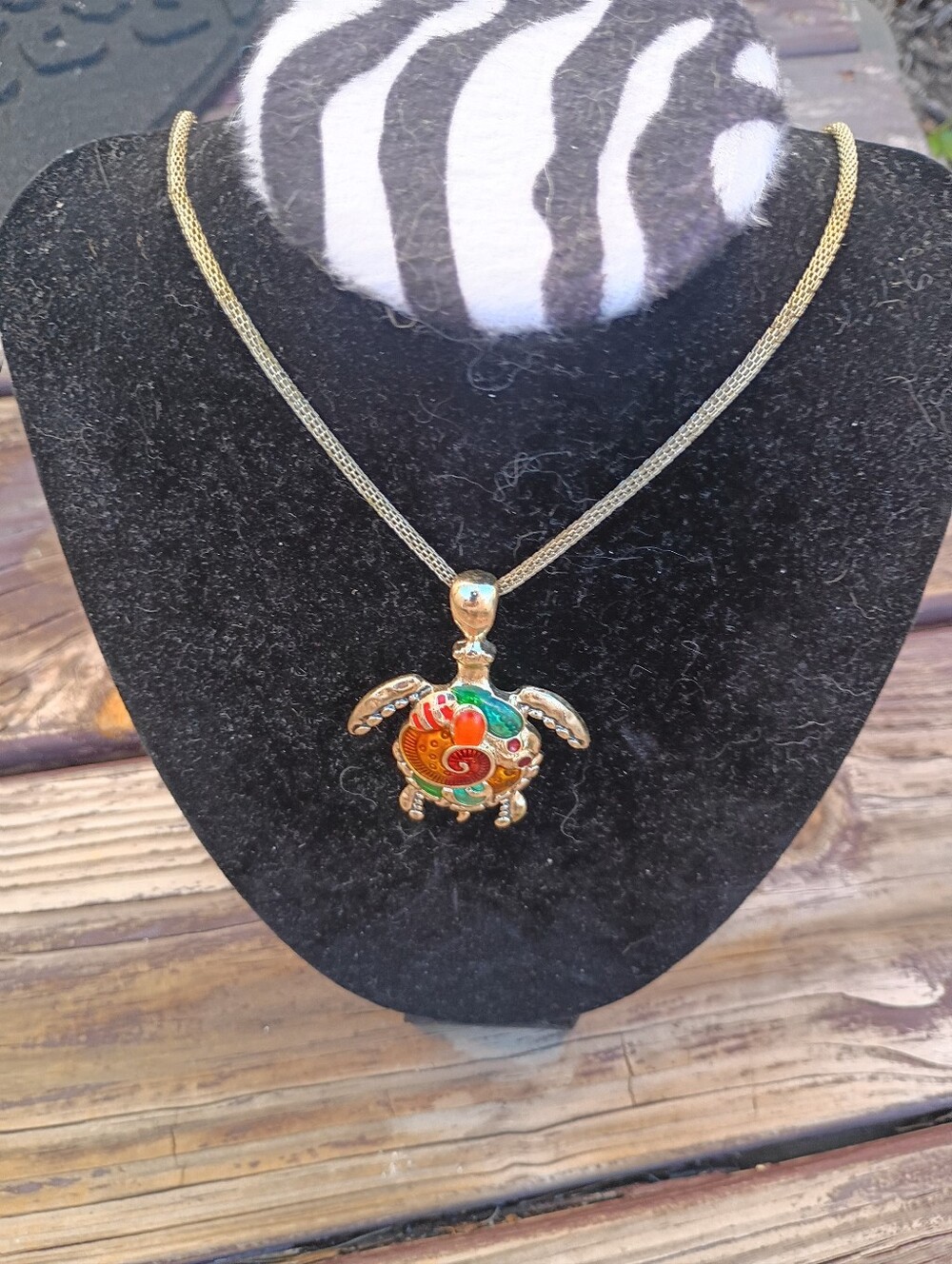 Gold Turtle Pendant Necklace with Multicolor Enamel, 10 Inch Chain With Extender